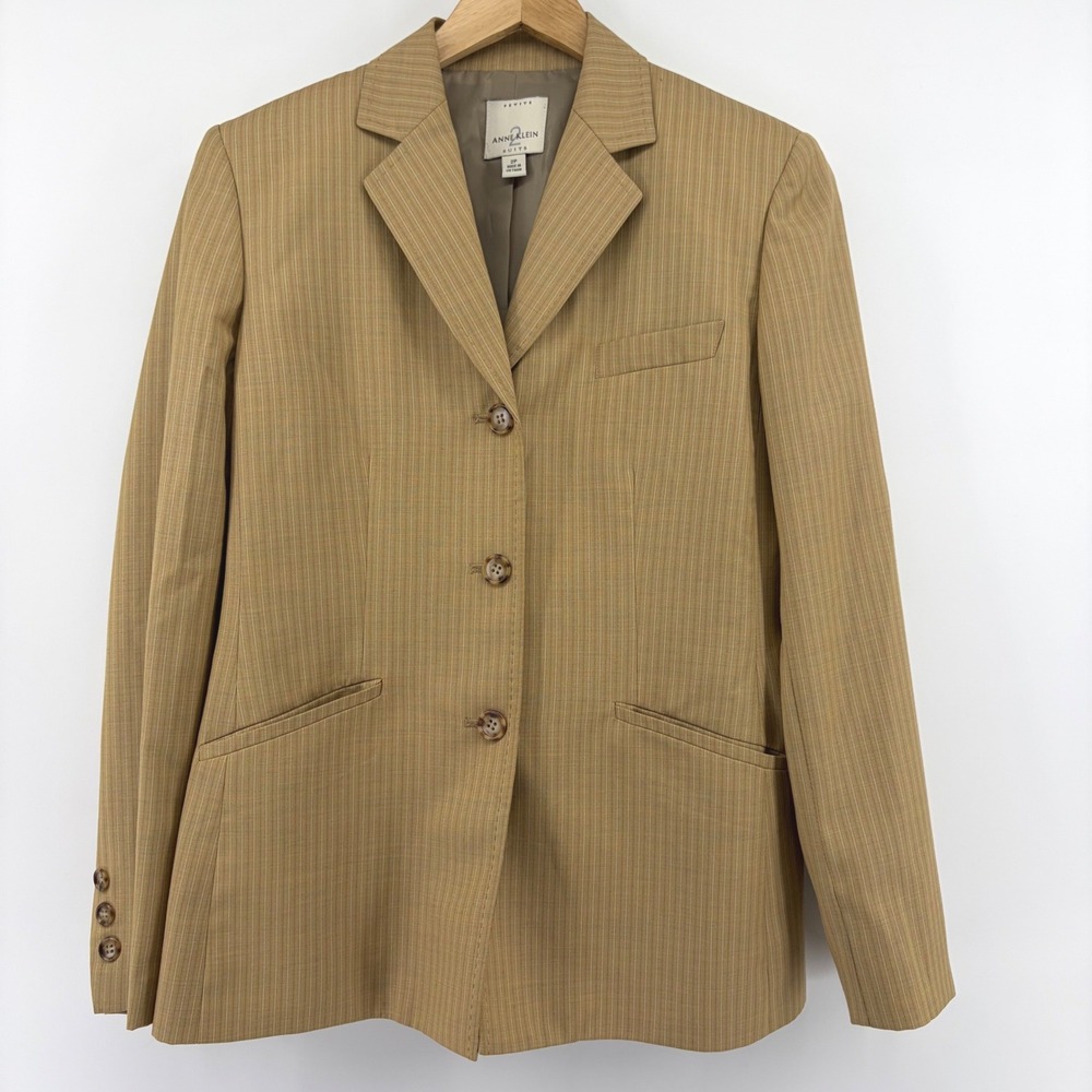 Anne Klein 2 Suits Tan Pinstripe 3-Button Blazer Jacket Petite 2P 6EB03D016